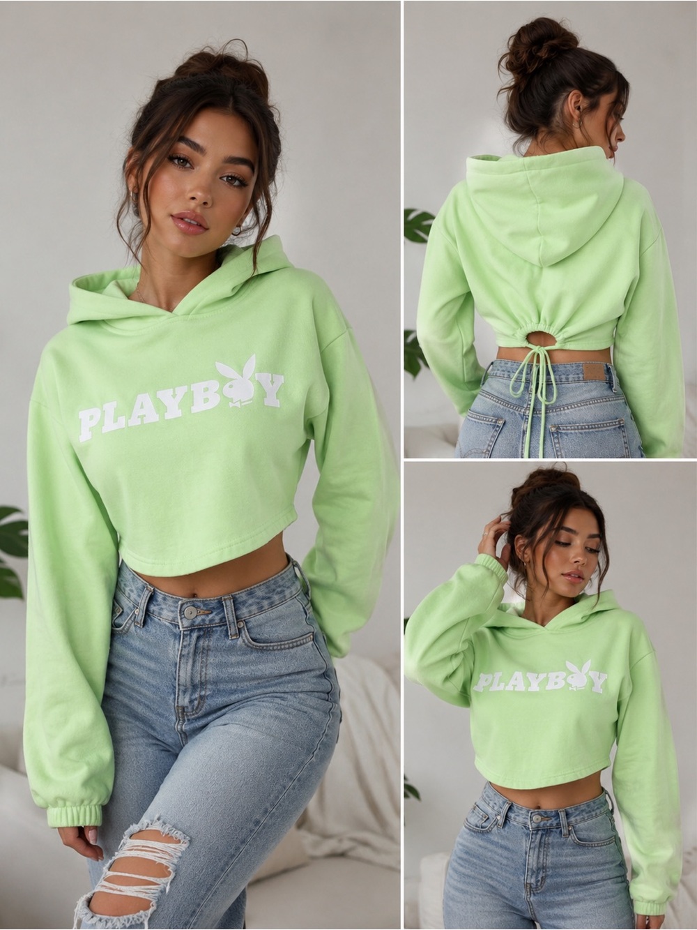 Playboy Mint Green Cropped Hoodie XL Drawstring Back Fleece Lined